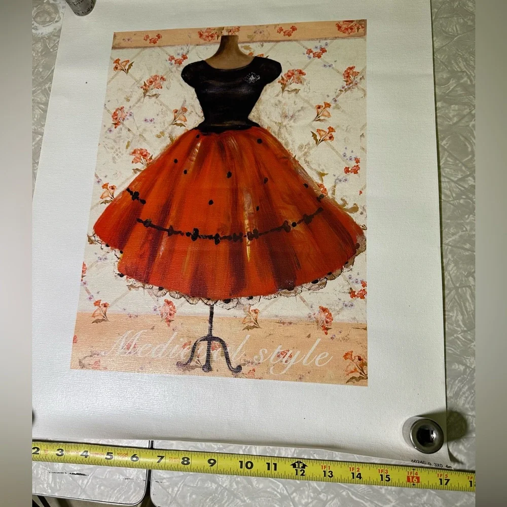 Printed Art on canvas Boutique Dress Red and Black against Vintage Wallpaper‎
